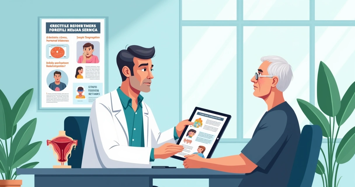 Consultation about erectile dysfunction in a bright office with a doctor and patient discussing causes and treatments.