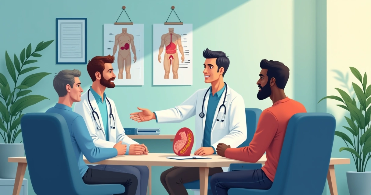 Ilustração de uma consulta médica, mostrando homens discutindo tratamento da próstata com um urologista.
