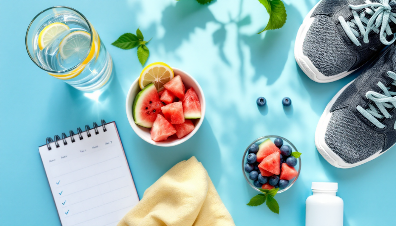 Copo de água sobre mesa clara, com frutas frescas ao lado e fundo de plantas verdes iluminadas