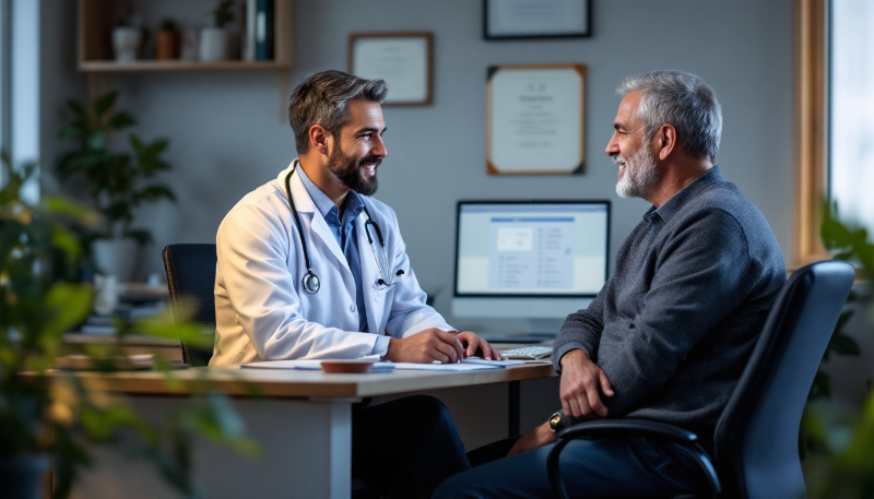 Urologista em consultório explicando vasectomia para paciente masculino
