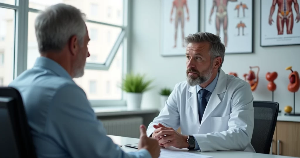 Médico urologista conversando com paciente em consultório moderno com expressão de atenção e conforto
